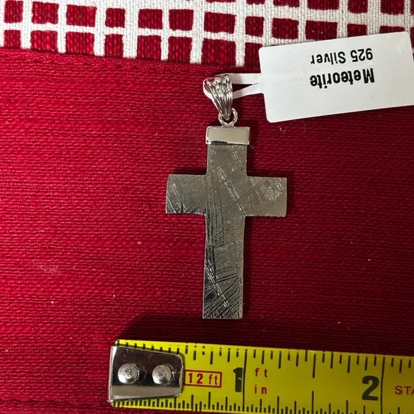COPY - Natural Muonionalusta Large Meteorite Beveled Cross Silver Pendant 925 U…